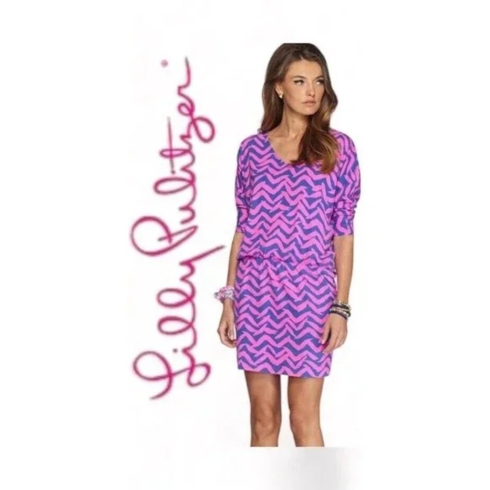 Lilly Pulitzer Cara Dress Dolman Sleeve Pop Pink Got Lucky Elastic Waist Sz S